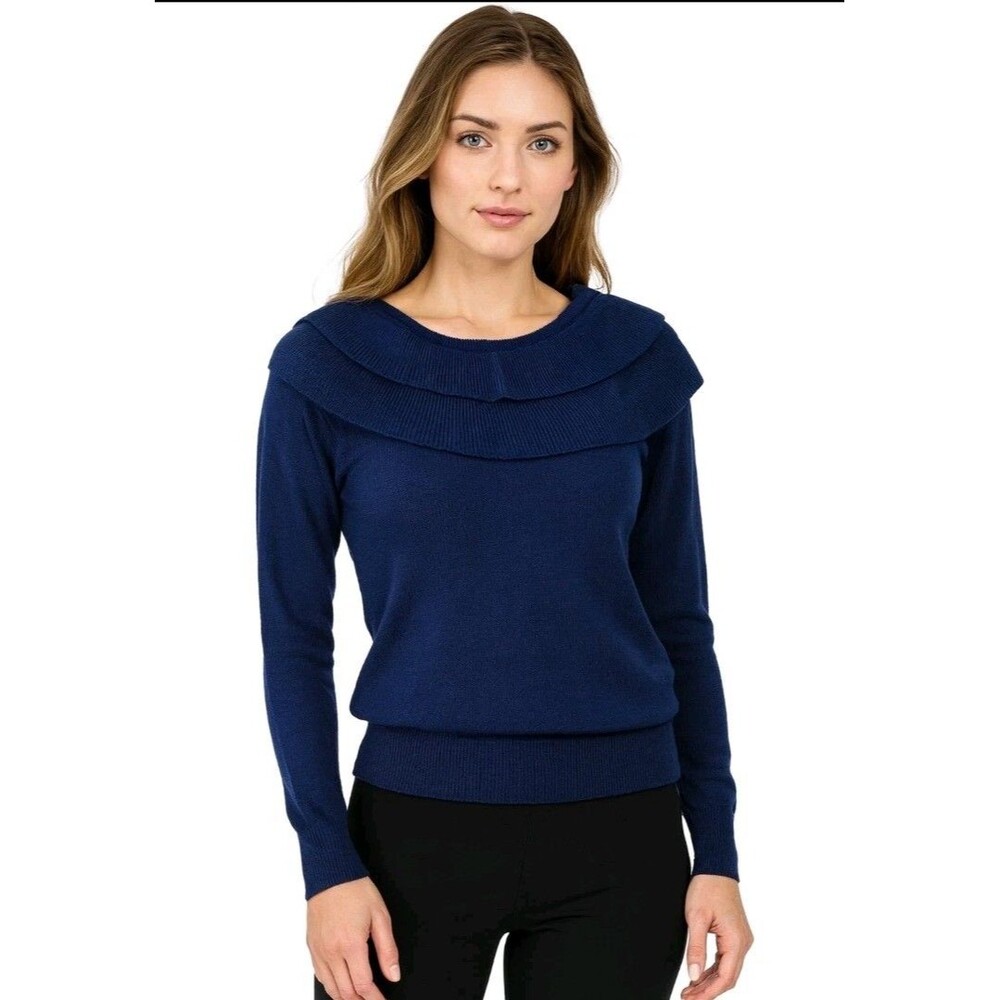 Vintage 80s Lord & Taylor Cozy Knit Lambswool Sweater Blue Tiered Collar Small‎